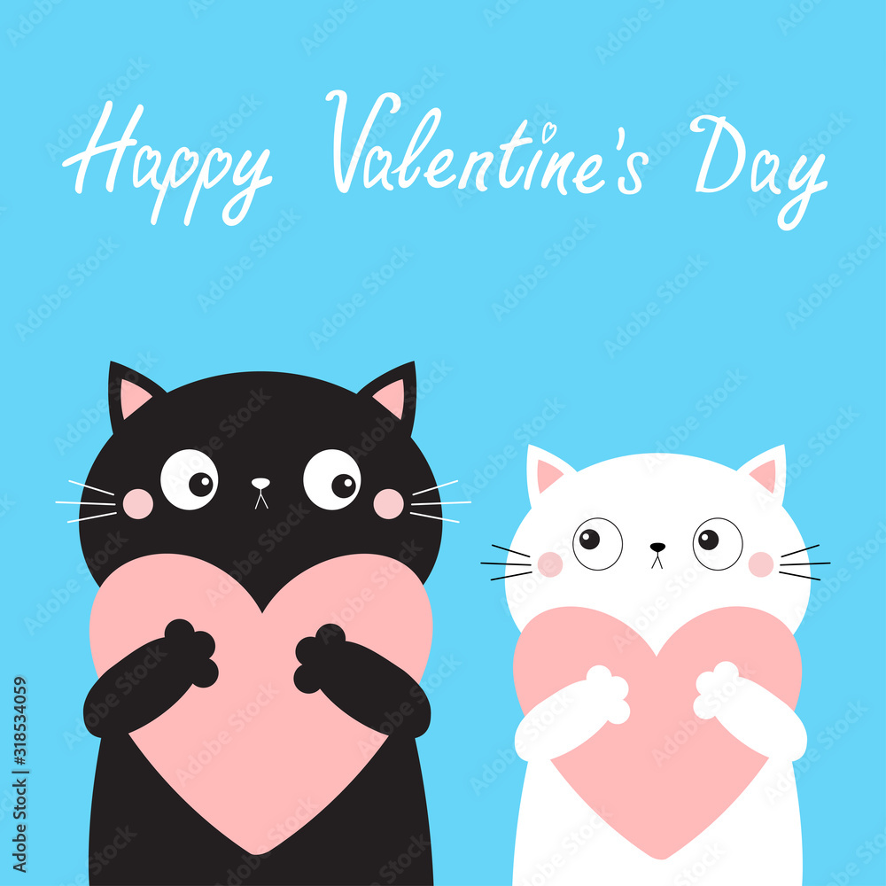 Happy Valentines Day. Cat love couple boy girl kitten head face holding big pink heart. Cute cartoon kawaii funny kitty animal character. Flat design. Blue background. Isolated.