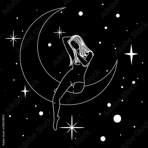 Naked woman sitting on the moon in trendy linear minimal style.