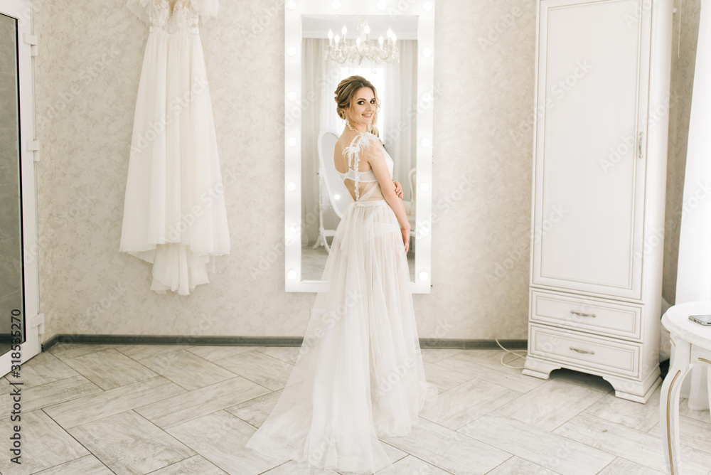 Portrait of a beautiful young bride in a bright room in a romantic atmosphere. Bride in a negligee with wedding hair and makeup Portrait of a beautiful young bride in a bright room in a romantic atmosphere. Bride in a negligee with wedding hair and makeup
