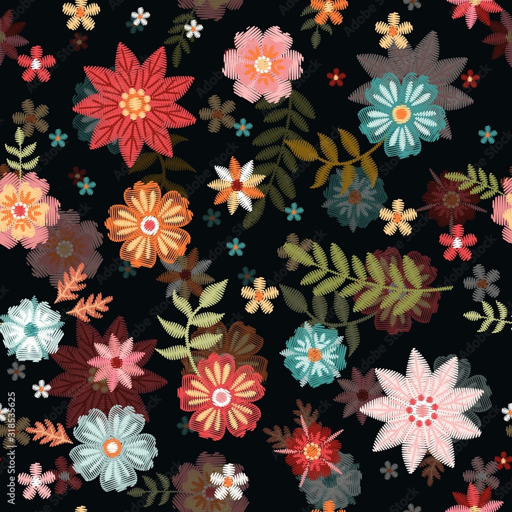 Embroidery floral seamless pattern with colorful summer flowers. Beautiful print for fabric.