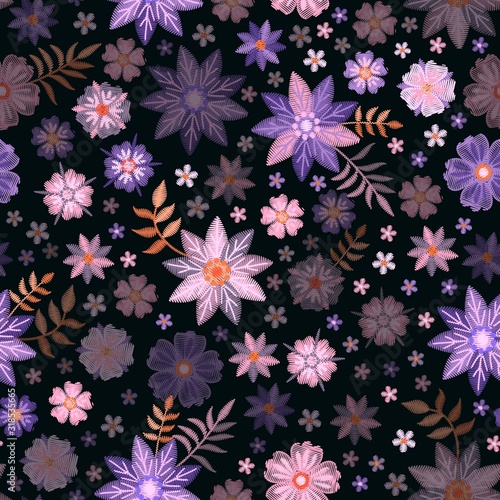 Floral seamless pattern with embroidered flowers on black background.