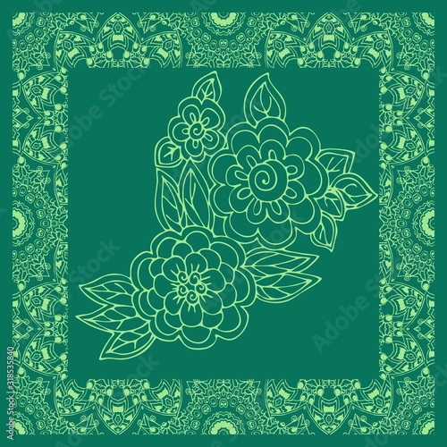Green bandana print with flowers in ornamental frame. Square silk scarf.