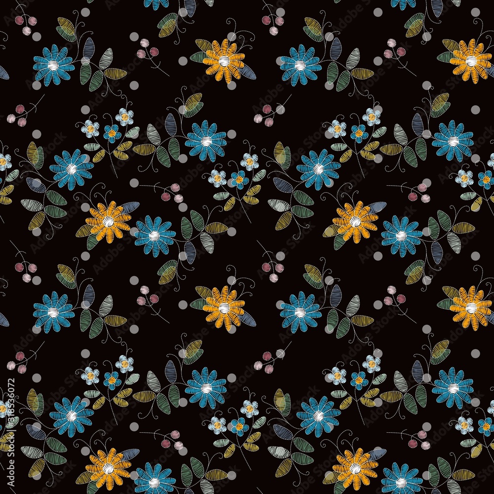 Embroidery seamless pattern with blue and yellow flowers. Beautiful vector print for fabric and textile. Fashion design.