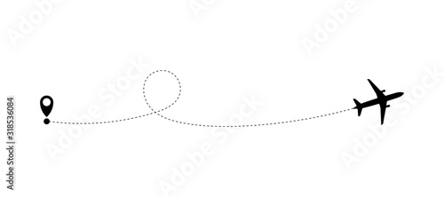 Airplane line path of air plane flight route with start point and dash line trace. Tourism and travel. The waypoint is for a tourist trip on a white background. Vector icon