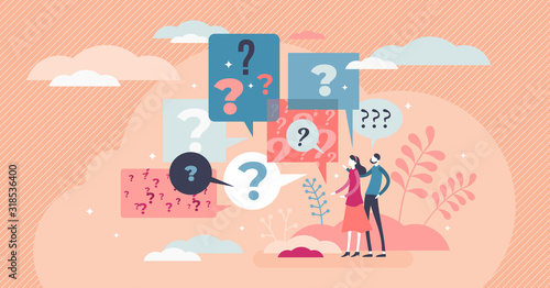 Questions abstract art style concept, flat tiny person vector illustration