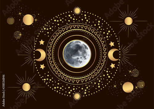 Vector illustration of moon in the center of the solar system, among the sun and planets in vintage engraving style.