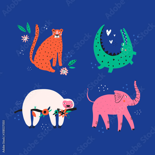 Cute wild animals flat vector illustrations set