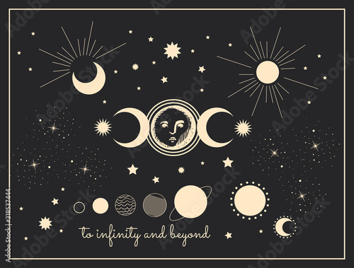 moon phases mystical vector illustration in vintage engraving style, with planets the sun and stars