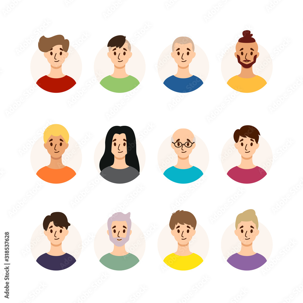 Set of men with different hairstyles, hair color and ages. Collection of males avatars. Vector illustration isolated on white background. Flat style.