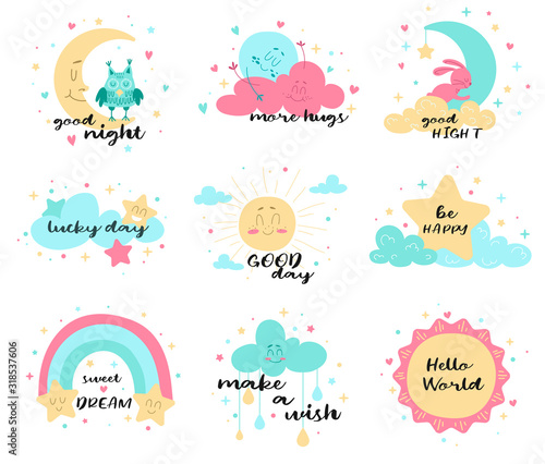 Set of cute poster designs in muted colors with inspirational text with the moon, sun, star, rainbow and clouds, vector illustration