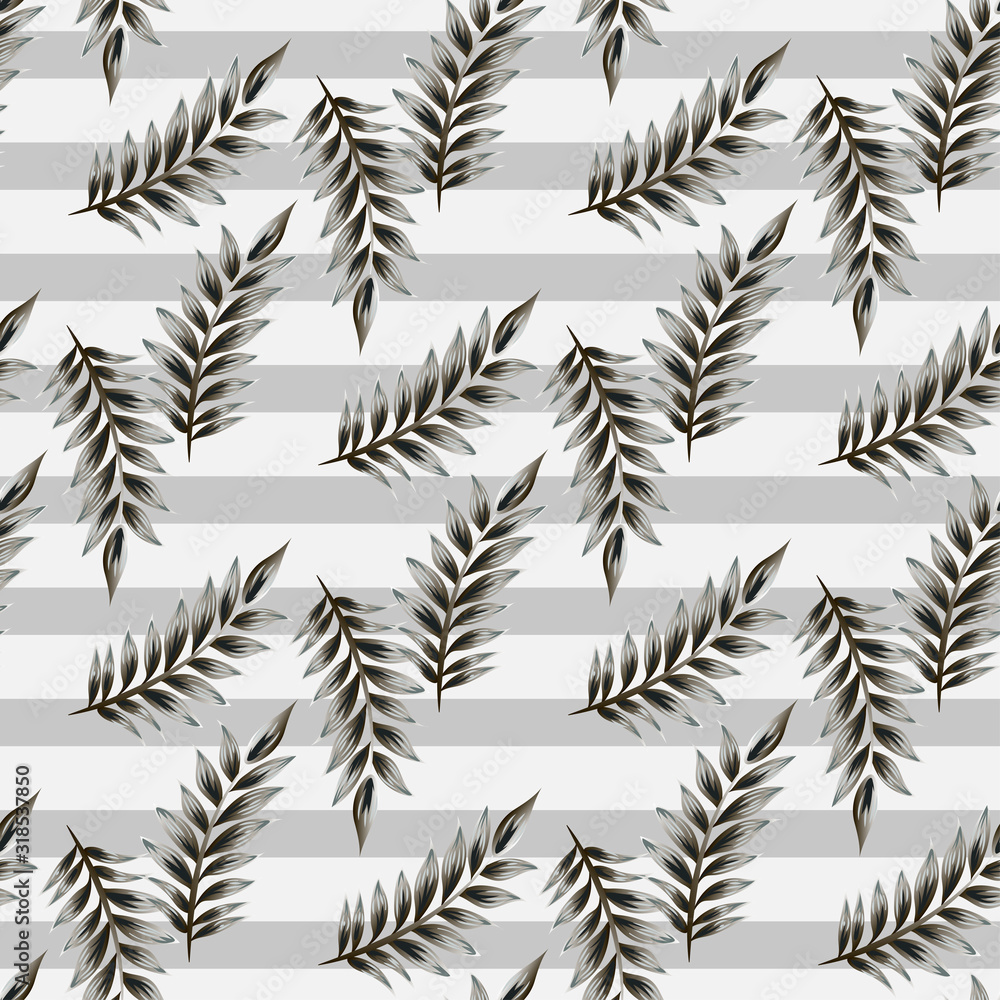 seamless vector pattern with leaves and lines gray color