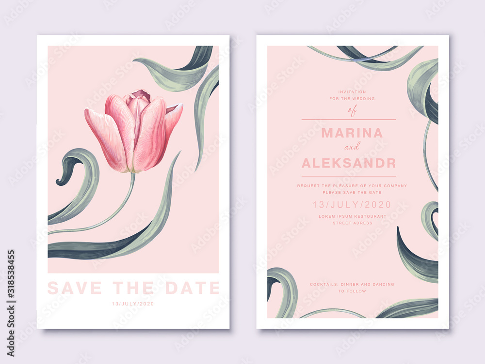 Floral wedding invitation card template with pink tulip flower and leaves on light pink background, pastel vintage style. High realistic, hand drawn, vector botanical elements for save the date card.