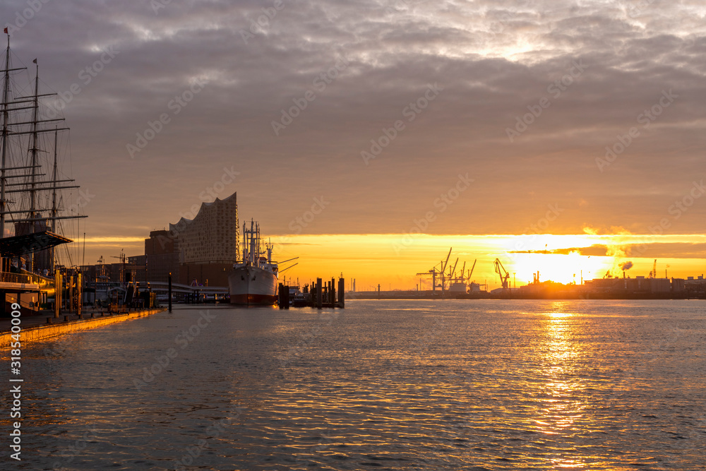 Sunrise at the port. Morning in Hamburg. Germany.