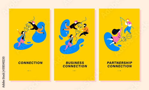 Mobile app page design template. Business team, cooperation, consulting, partnership and collaboration concept. People put puzzle pieces together. UI, landing page. Vector flat abstract illustration.