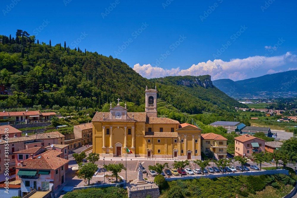 Aerial view, Parish of San Giovanni Battista, city Cavaion Veronese, Italy