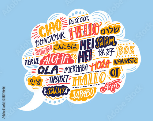 Plakat Hello in different languages. Speech bubble cloud with handwritten words. French bonjur, spanish hola, japanese konnichiwa, chinese nihao, indian namaste, korean annyeong. Concept illustration of