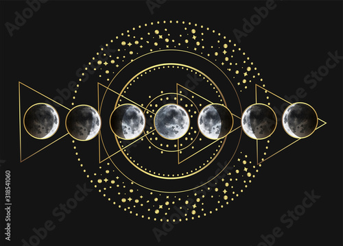 Vector illustration set of moon phases. Different stages of moonlight activity in vintage engraving style.