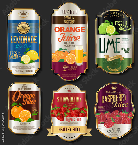 Retro vintage golden labels for organic fruit product 