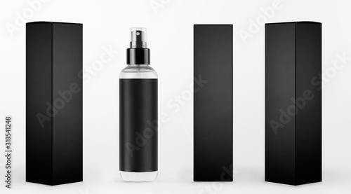 Mock up for design of packing cosmetics product - tall transparent spray bottle, black label and black paper boxes of different sides on white background.