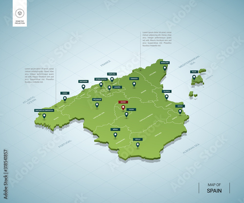 Stylized map of Spain. Isometric 3D green map with cities, borders, capital Madrid, regions. Vector illustration. Editable layers clearly labeled. English language.