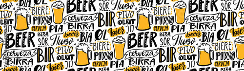 Beer text pattern. Word beer in different languages. Italian birra, spanish cerveza, macedonian pivo, german bier. Hand lettering seamless texture for pubs, menu and placemats.
