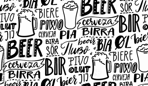 Beer in different languages. Wallpaper design. Black and white seamless vector pattern for pubs, cafe and brewery. Hand drawn doodle texture with many european languages.