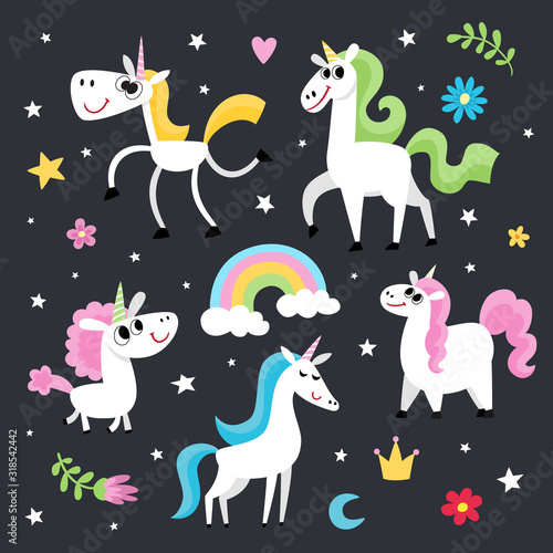 Cute magic collection with unicorn character isolated on black.