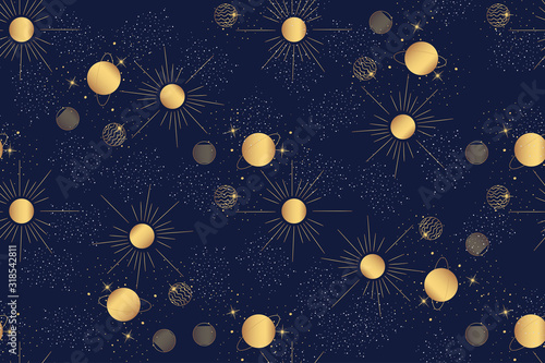 starry sky seamless pattern with solar system, sun and planets