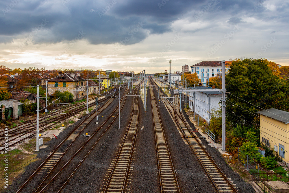 Fototapeta premium Elevated view of the railroad tracks at the Dimitrovgrad, Haskovo Province Bulgaria railroad station