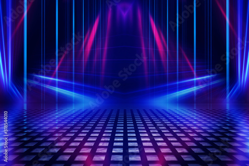 Abstract dark background with blue and pink neon glow. Neon luminous figure in the center of the stage. Light lines on a dark background, smoke, smog