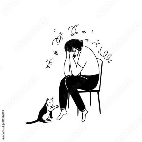 Unhappy woman sitting on chair and crying covering her face with hands. Anxiety and depression concept vector illustration. Cat support. Panic attack.