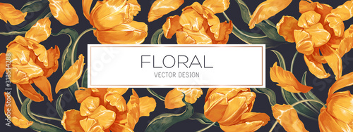 Spring floral vector background design for banner or flyer with yellow tulips flowers, petals and leaves. Realistic style, hand drawn, vector. Can be used as advertising banner cover in social network