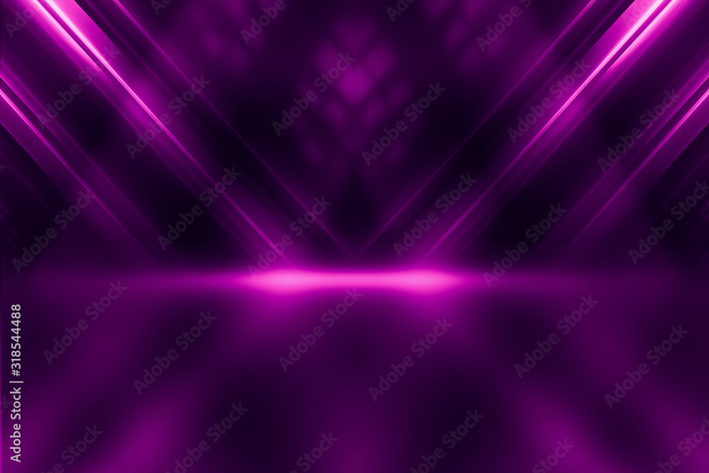 Abstract dark background with purple neon glow. Neon luminous figure in the center of the stage. Light lines on a dark background, smoke, smog Abstract dark background with purple neon glow. Neon luminous figure in the center of the stage. Light lines on a dark background, smoke, smog