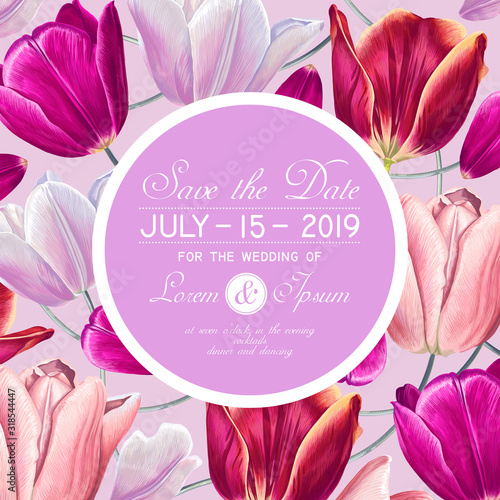 Wedding or party invitation template with pink tulips and petals. Save the Date card template in vector format with botanical design in realistic vintage style. Can be used as a banner for spring sale