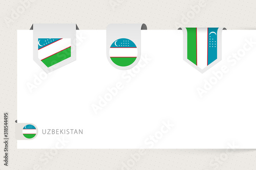 Label flag collection of Uzbekistan in different shape. Ribbon flag template of Uzbekistan