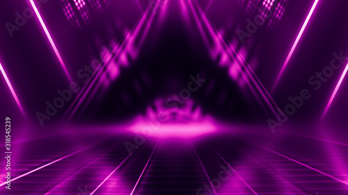 Abstract dark background with purple neon glow. Neon luminous figure in the center of the stage. Light lines on a dark background, smoke, smog