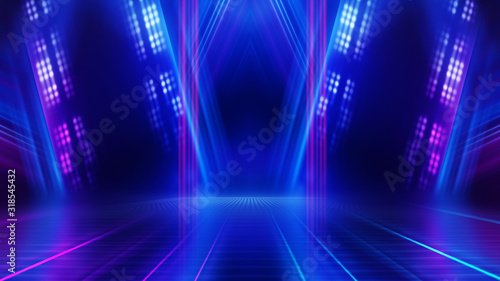 Abstract dark background with blue and pink neon glow. Neon luminous figure in the center of the stage. Light lines on a dark background  smoke  smog