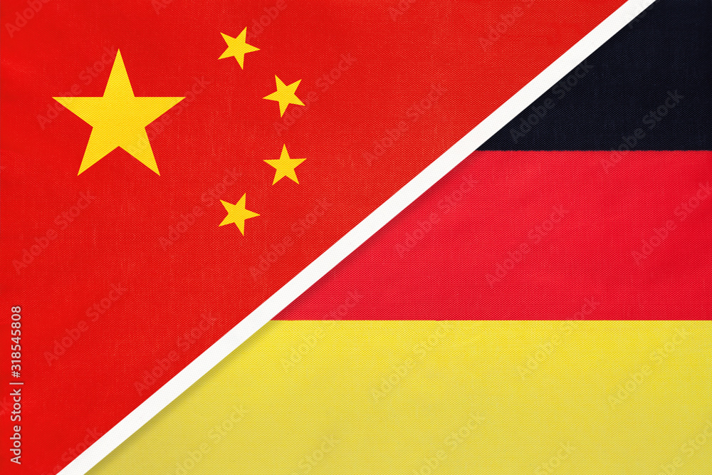 China or PRC vs Germany national flag from textile. Relationship between asian and european countries. China or PRC vs Germany national flag from textile. Relationship between asian and european countries.