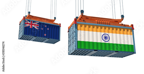 Freight container with India and New Zealand flag - isolated on white for compositing. 3D Rendering