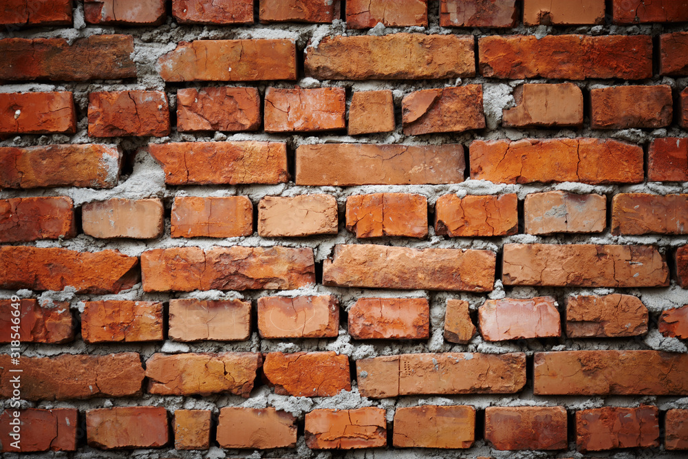 Fototapeta premium red brick wall, cement, brick structure, construction, concrete, house