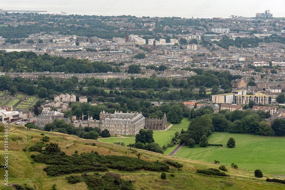 Cityscape of Edinbugrh, Scotland, Great Britain with famous Holyrood House royal residence