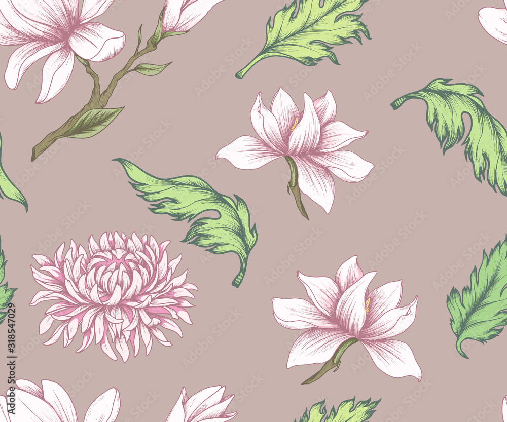 Seamless floral pattern with magnolias and chrysanthemums