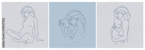 Logo design illustration in trendy linear style. Emblem of pregnancy and maternity - happy woman with baby. Motherhood illustration