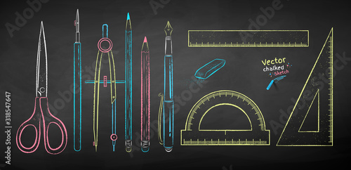 Chalk drawn collection of drafting tools