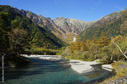 Beautiful crystal clear water river landscape with mountain background in Japan Alps Kamikochi  Nagano  Japan