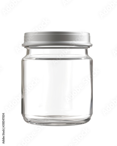 Empty Glass Jar for Baby Puree or other Food, Realistic 3D Render Isolated on White.
