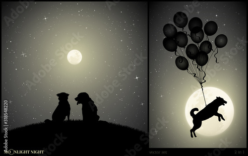 Set of funny vector illustration with silhouettes of dogs on moonlit night. Dog flying on balloons on moonlit night. Two animals sitting on hill in park. Full moon in starry sky