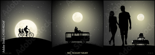 Set of vector illustration with silhouettes of people and retro cars on moonlit night. Father with children on bicycle. Couple on roof of camper. Lovers walk on beach. Full moon in starry sky