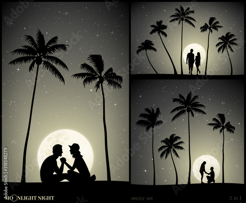 Set of vector illustration with silhouettes of lovers on beach on moonlit night. People sitting on sand under palm trees. Romantic marriage proposal. Summer vacation. Full moon in starry sky