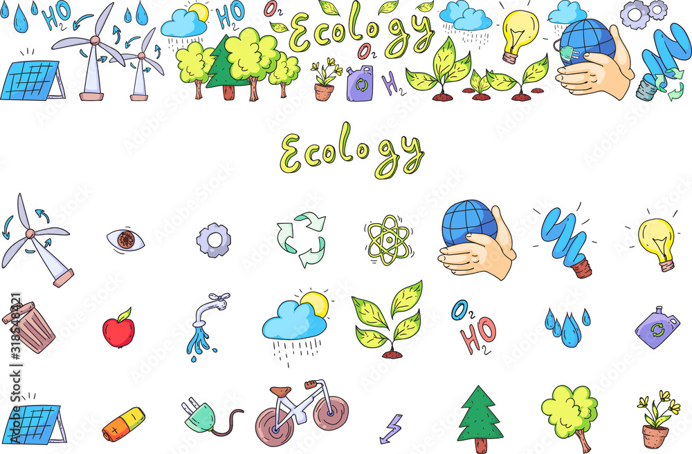 Set of hand drawn eco friendly doodle icons. Unique vector elements.